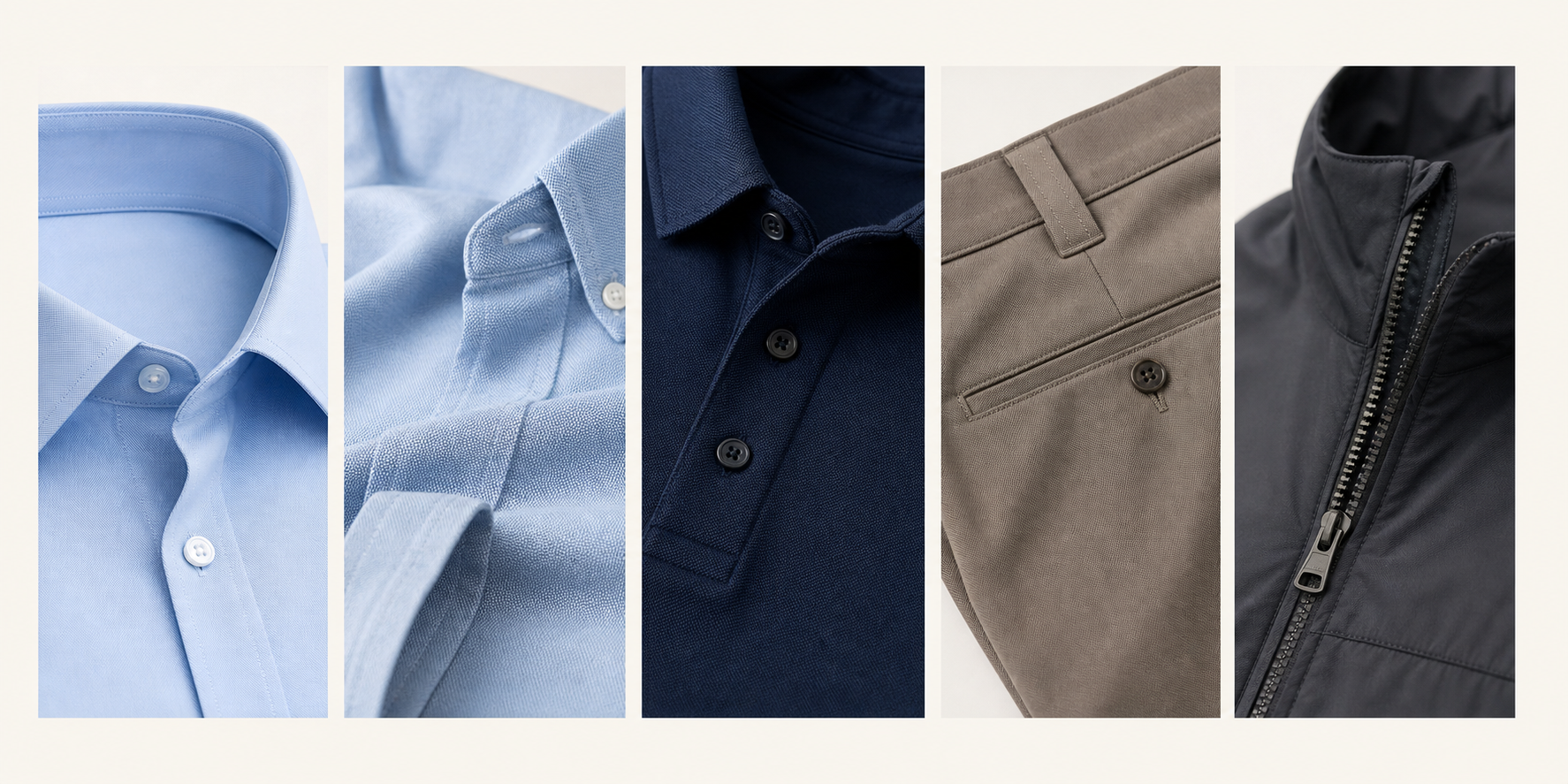 Catalog detail photographs of shirts, polo shirts, trousers, and outerwear