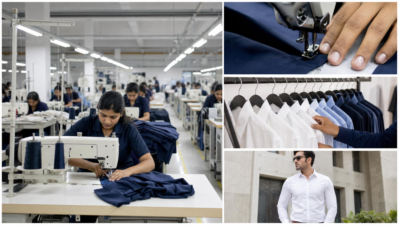 Marisa apparel production floor, stitching detail, quality control, and finished shirt